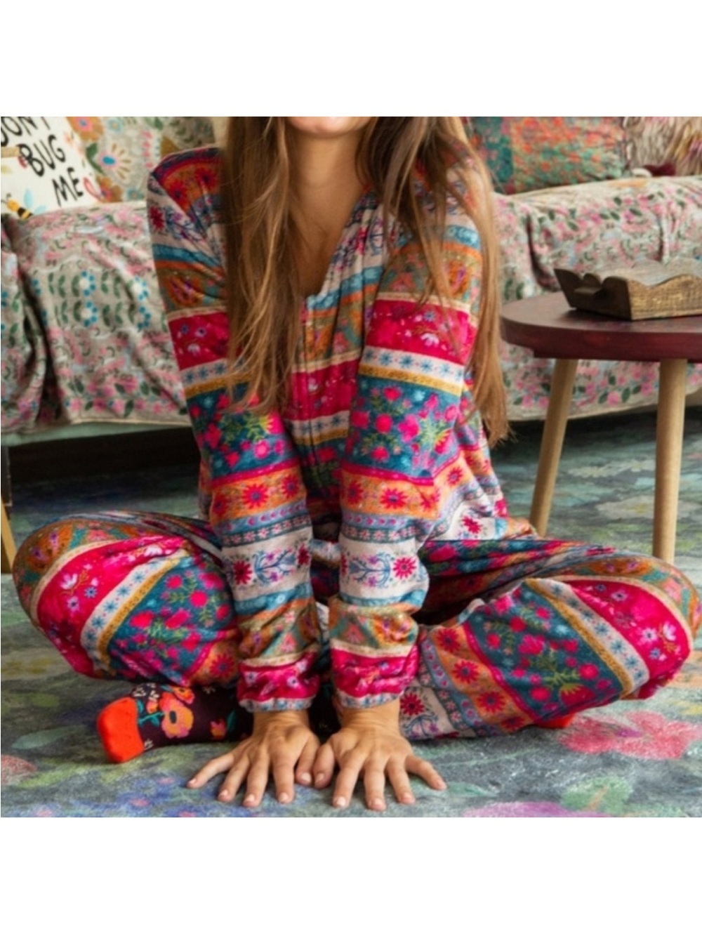Natural Life Plush Fleece Onesie One Piece Pajamas Floral Fair Isle Size Large - Picture 2 of 9